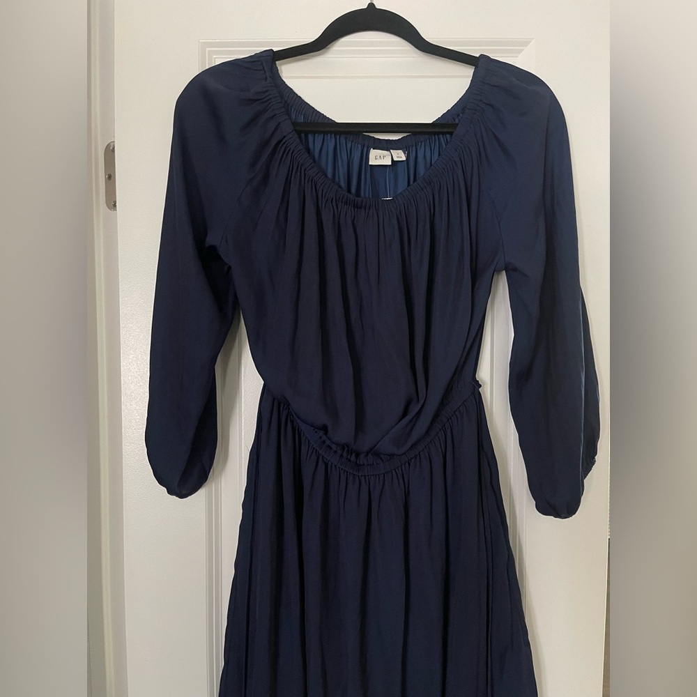 NWT GAP Navy Blue Ruched Tie Front Sundress with Bishop Sleeves Size Small